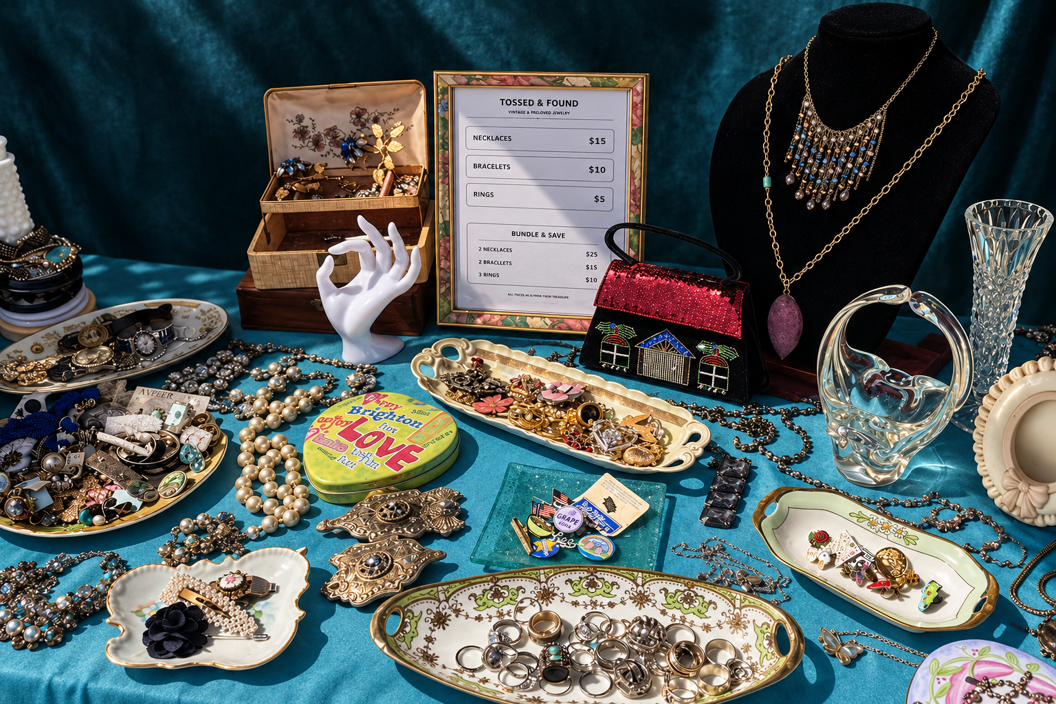 A colorful Tossed and Found display filled with vintage jewelry, decorative trays, and collected treasures
